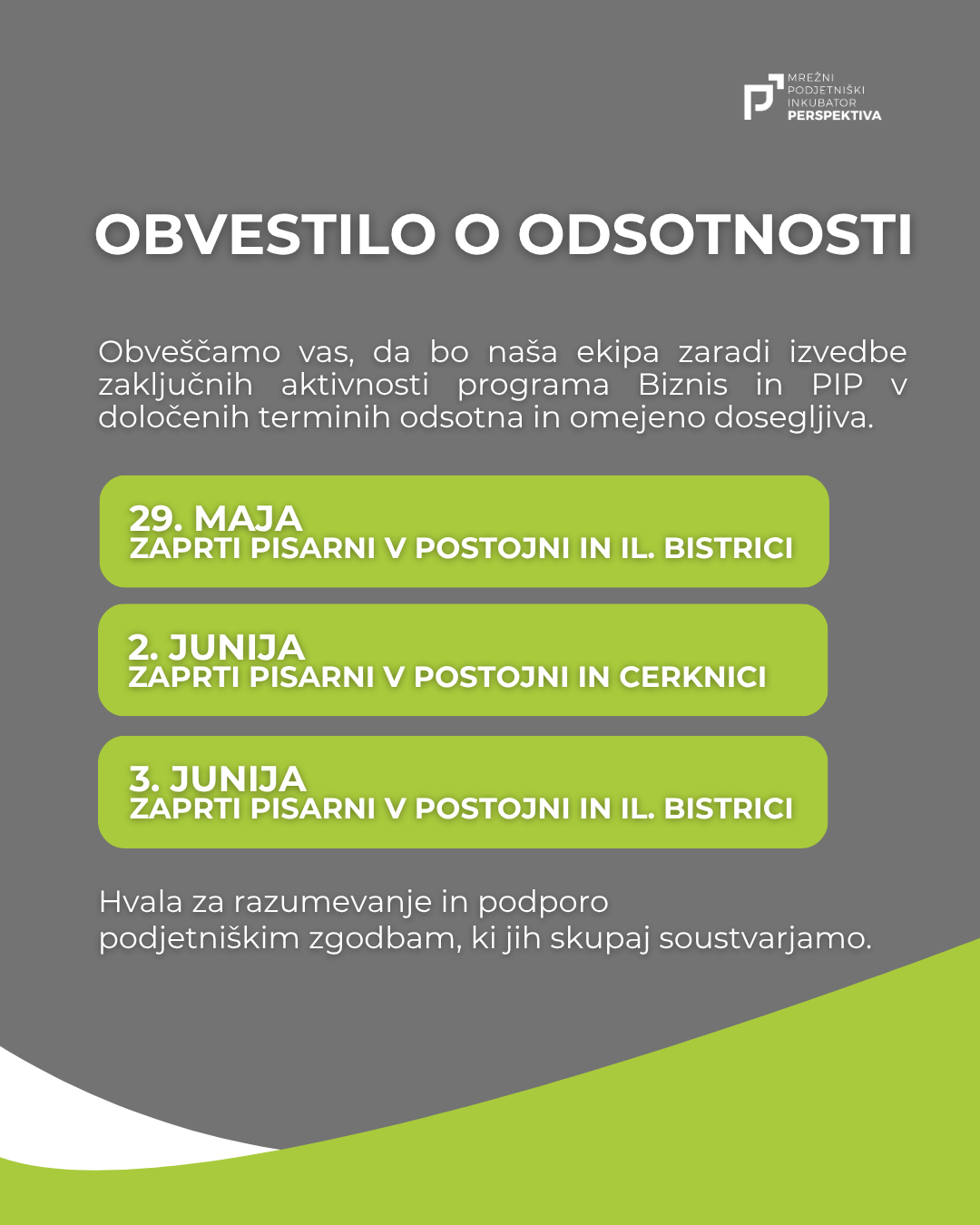 OBVESTILO O ODSOTNOSTI